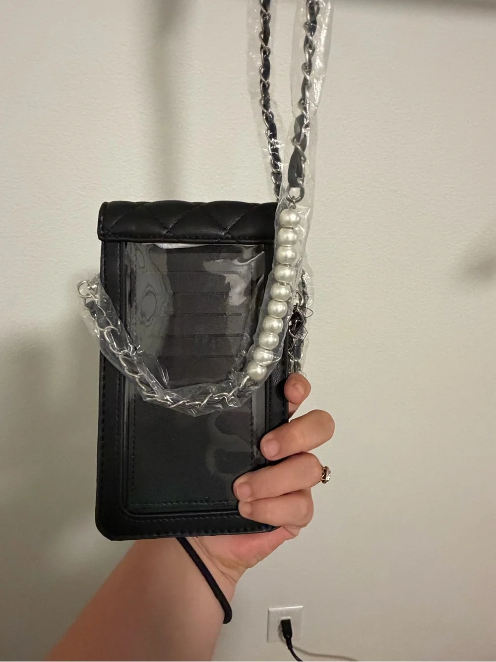 Badgley Mischka Black Quilted Crossbody Phone Bag with Pearl-Accent Strap